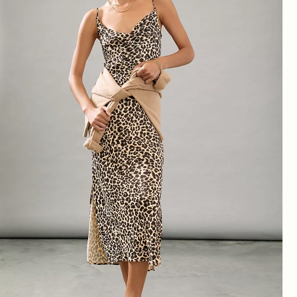 Anthropologie Leopard Print Slip Maxi Dress in Beige and Black